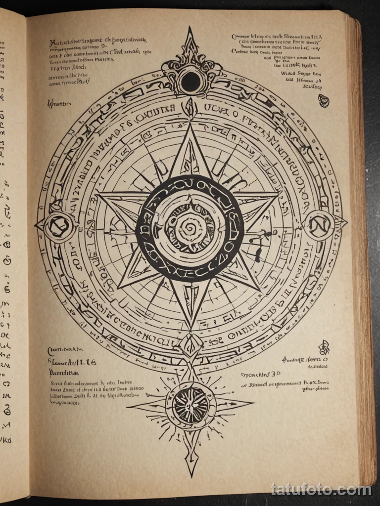 tattoo design, a witch's spellbook, open to a page showing a spell written in Python code, with a magic circle made of UI elem №178 - tatufoto.com