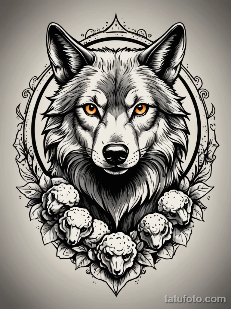 tattoo design, a wolf in sheep's clothing, the wolf is peeking out with a mischievous grin, illustrative style №57 - tatufoto.com
