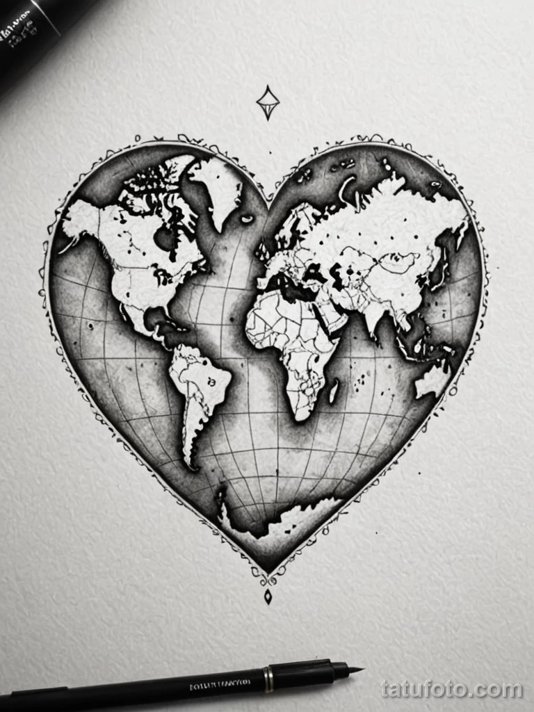 tattoo design, a world map, but in the shape of a human heart, symbolizing love for travel and humanity, dotwork №59 - tatufoto.com