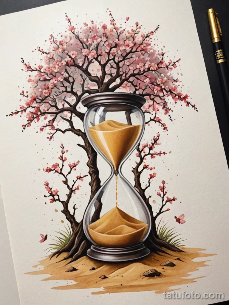 tattoo design, an hourglass, the sand at the bottom is turning into a beautiful, blooming tree, symbolizing making the most of o №60 - tatufoto.com