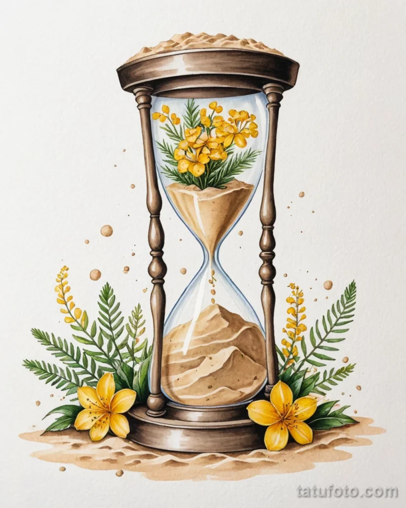 tattoo design, an hourglass with sand turning into mimosa flowers, white background №59 - tatufoto.com
