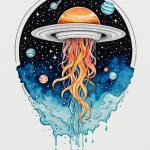 Эскиз татуировки: акварельный рисунок медузы в космосе, окруженной планетами и звездами, с яркими и переливающимися цветами.