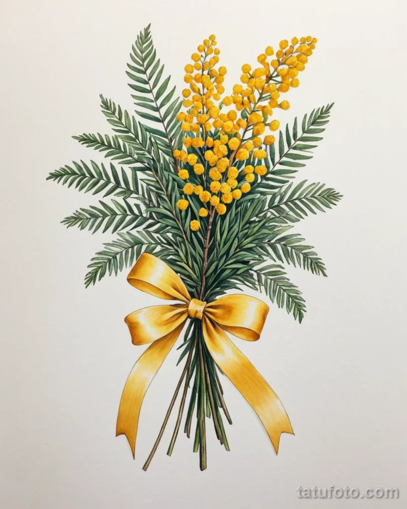 tattoo design, mimosa bouquet tied with a silk ribbon, realism, white background №62 - tatufoto.com