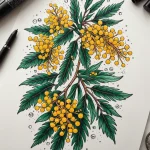 Фото тату: акварельный рисунок ветки мимозы с желтыми шариками и зелеными листьями, украшенный точками. Идеальный вариант для весенней татуировки.