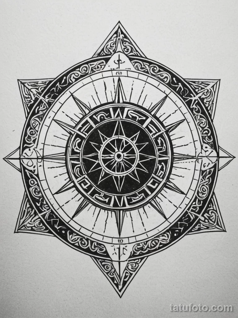 tattoo design, the Helm of Awe (Aegishjalmur), but at the center is a camera shutter iris, a sigil for protective surveillance, №189 - tatufoto.com