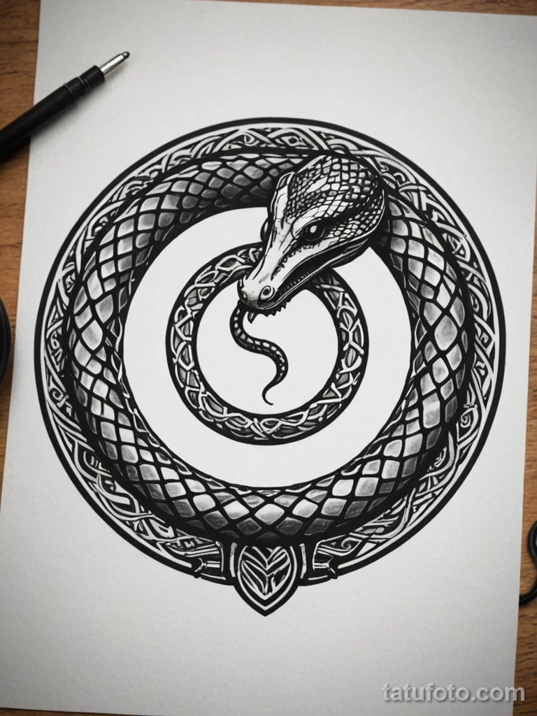 tattoo design, the Ouroboros, but the snake is an ethernet cable biting its own USB plug, endless connection, graphic style №190 - tatufoto.com