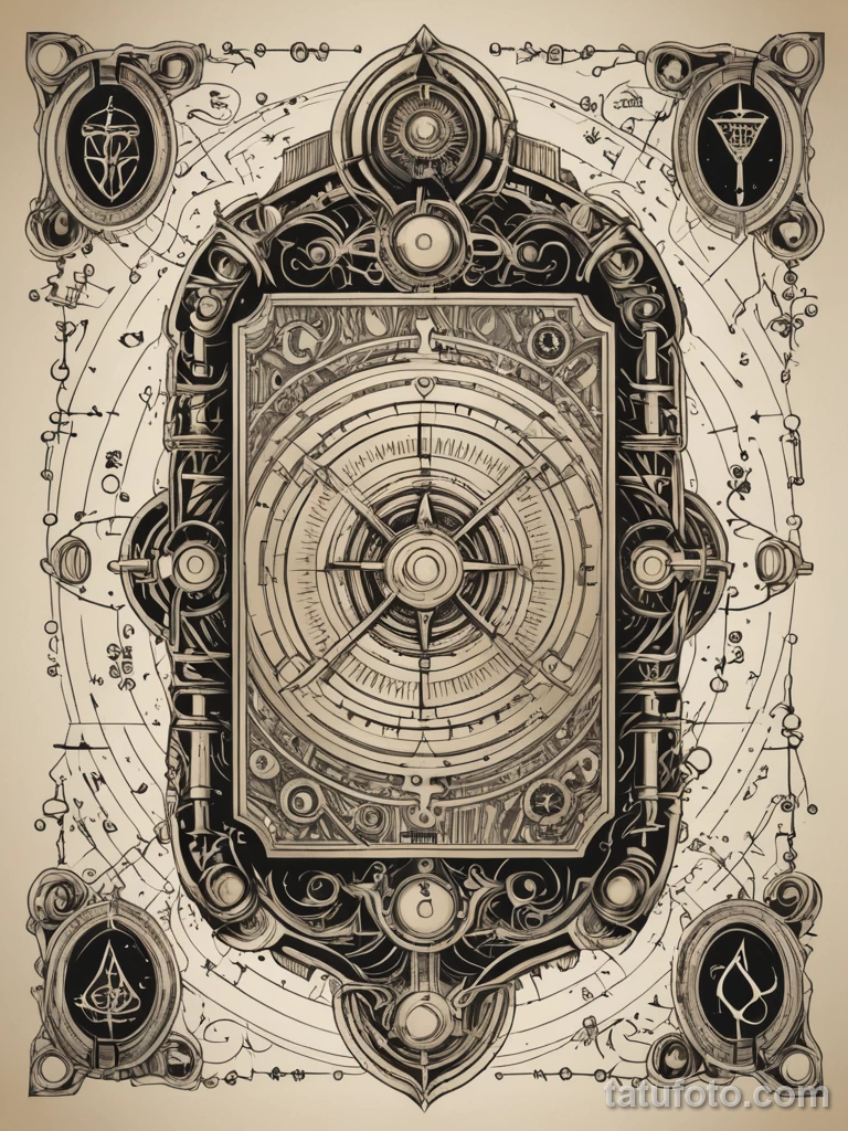 tattoo design, the alchemical symbol for gold, but it's a detailed schematic of a powerful computer processor (CPU), modern phil №187 - tatufoto.com
