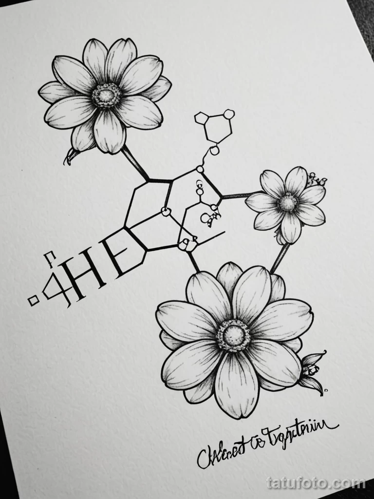 tattoo design, the chemical formula for serotonin, with delicate flowers blooming from the bonds, symbolizing the pursuit of hap №61 - tatufoto.com