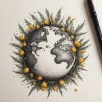 Фото эскиза татуировки с изображением планеты Земля, окруженной ветвями мимозы и зелеными листьями. Символический рисунок для защиты окружающей среды.