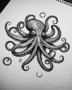tattoo sketch, blackwork design of a large octopus, on white paper №96 - tatufoto.com