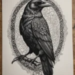 tattoo sketch, blackwork design of a raven, ornamental, on white paper №97 - tatufoto.com