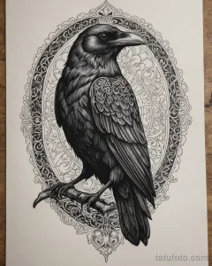 tattoo sketch, blackwork design of a raven, ornamental, on white paper №97 - tatufoto.com