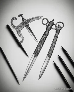 tattoo sketch, blackwork design of a straight razor and scissors, on white paper №98 - tatufoto.com