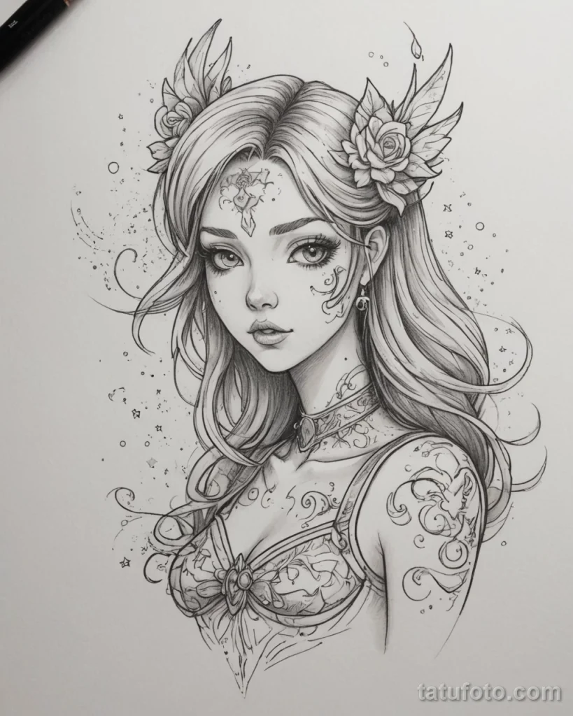 tattoo sketch, clean linework, whimsical magical girl transformation item with glitter trails, on white paper, concept art for a №63 - tatufoto.com