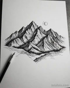 tattoo sketch, fine line design of a mountain range, on white paper №100 - tatufoto.com