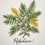 Фото эскиза татуировки с изображением ветви мимозы и надписью 'Resilience'. Детализированный рисунок с использованием зеленых и желтых оттенков.