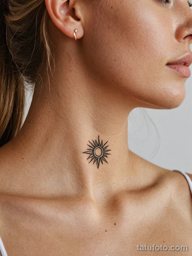 tiny tattoo design, a geometric sun symbol on the back of the neck, clean lines №62 - tatufoto.com