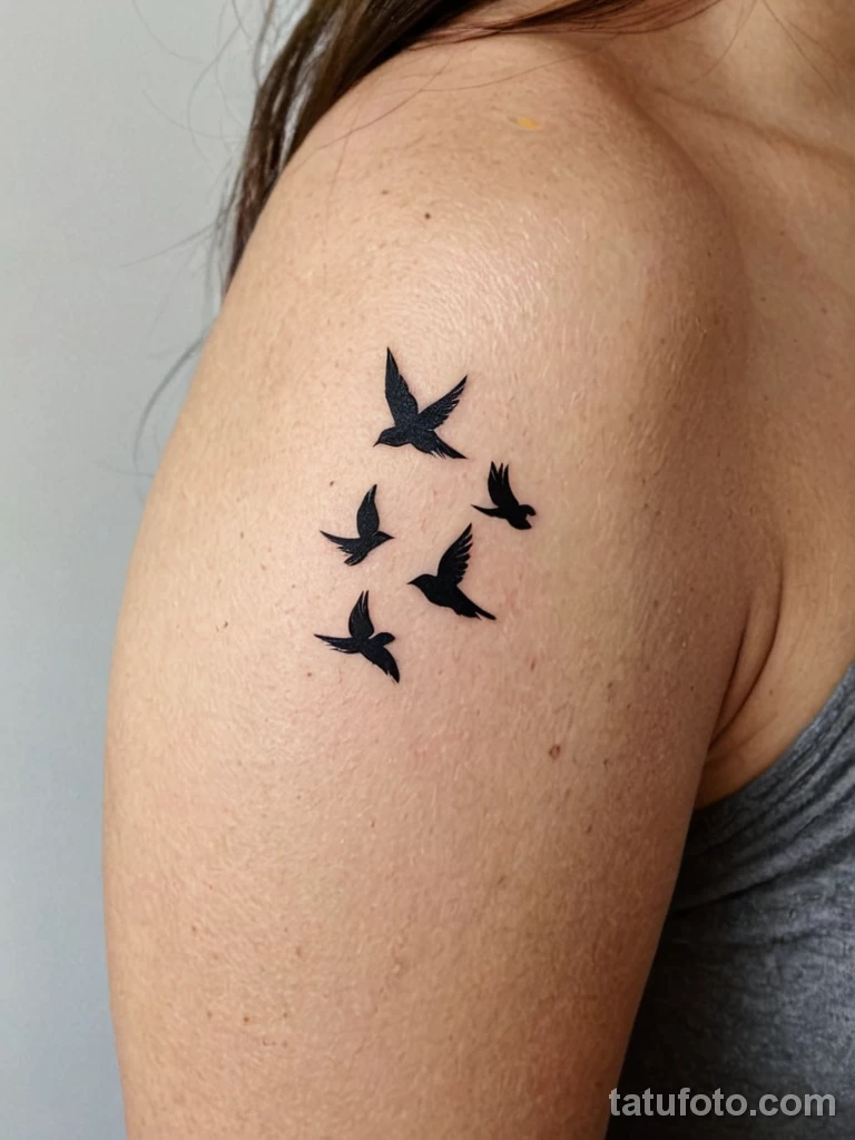 tiny tattoo design, a set of three tiny birds in flight on the shoulder blade, minimalist №63 - tatufoto.com