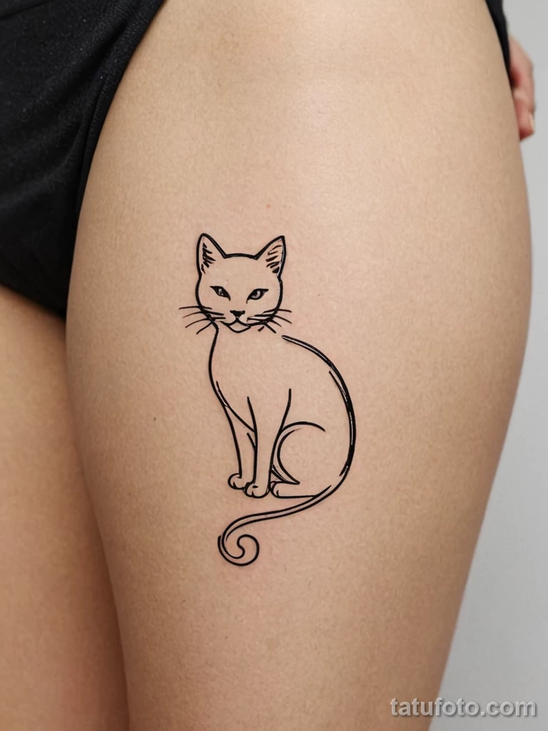 tiny tattoo design, the outline of a cat, stretching, on the hip, minimalist, single line №66 - tatufoto.com