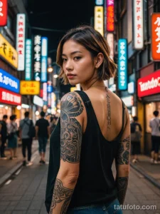 Фотография девушки с татуировкой в японском стиле на руке. Изображение карпа кои, волн и цветов. Традиционный дизайн и яркие цвета.