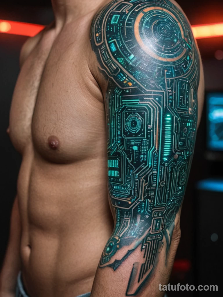 zoom on forearm with circuitboard tattoo pattern flashing with pulsing lights, unlocking high security server room, sterile atmo 2025 №78 - tatufoto.com