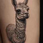 Детализированная татуировка ламы на руке, выполненная в технике blackwork с использованием сложного плетения и геометрических узоров.