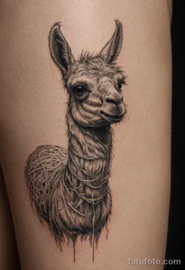 Детализированная татуировка ламы на руке, выполненная в технике blackwork с использованием сложного плетения и геометрических узоров.