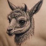 Простая и элегантная татуировка головы ламы, выполненная в технике blackwork с использованием четких линий и минималистичного дизайна.