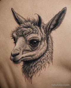 Простая и элегантная татуировка головы ламы, выполненная в технике blackwork с использованием четких линий и минималистичного дизайна.