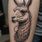 Детализированная татуировка ламы на руке, выполненная в технике blackwork с использованием тонких линий и штриховки. Элегантный и стильный рисунок.