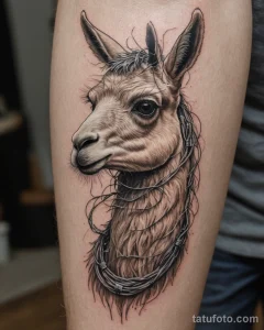 Детализированная татуировка ламы на руке, выполненная в технике blackwork с использованием тонких линий и штриховки. Элегантный и стильный рисунок.