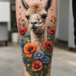 Яркая татуировка на ноге с изображением ламы, окруженной цветущими маками и другими полевыми цветами. Красные маки создают яркий акцент.