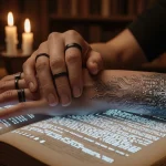 Фото тату на руке мужчины, изображающее руны и схему электронных цепей. Символизирует связь между древними знаниями и современными технологиями.