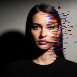 Фото тату на лице девушки с эффектом глитча. Изображение состоит из разноцветных пикселей и полос, создающих футуристический и цифровой вид.