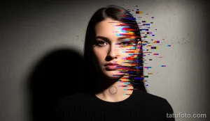 Фото тату на лице девушки с эффектом глитча. Изображение состоит из разноцветных пикселей и полос, создающих футуристический и цифровой вид.