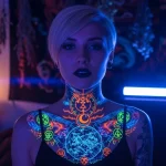 Фото тату на шее и груди, светящегося в ультрафиолете. Изображены оккультные символы, луна, звезды и геометрические узоры, создающие мистическую атмосферу.