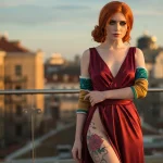 Фото тату с изображением красной розы и зеленых листьев на бедре девушки в красном платье.