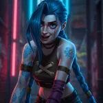 Фото тату с изображением персонажа Джинкс из League of Legends на руке и плече девушки с голубыми волосами.