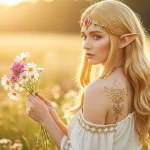 Фото тату с изображением символа Трифорс из игры The Legend of Zelda на плече девушки в эльфийском образе.