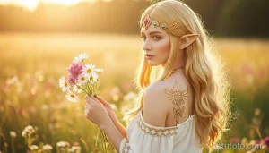 Фото тату с изображением символа Трифорс из игры The Legend of Zelda на плече девушки в эльфийском образе.