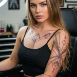 Фото тату на руке девушки: геометрический рукав, состоящий из линий, треугольников и ромбов. Стильный и минималистичный рисунок.