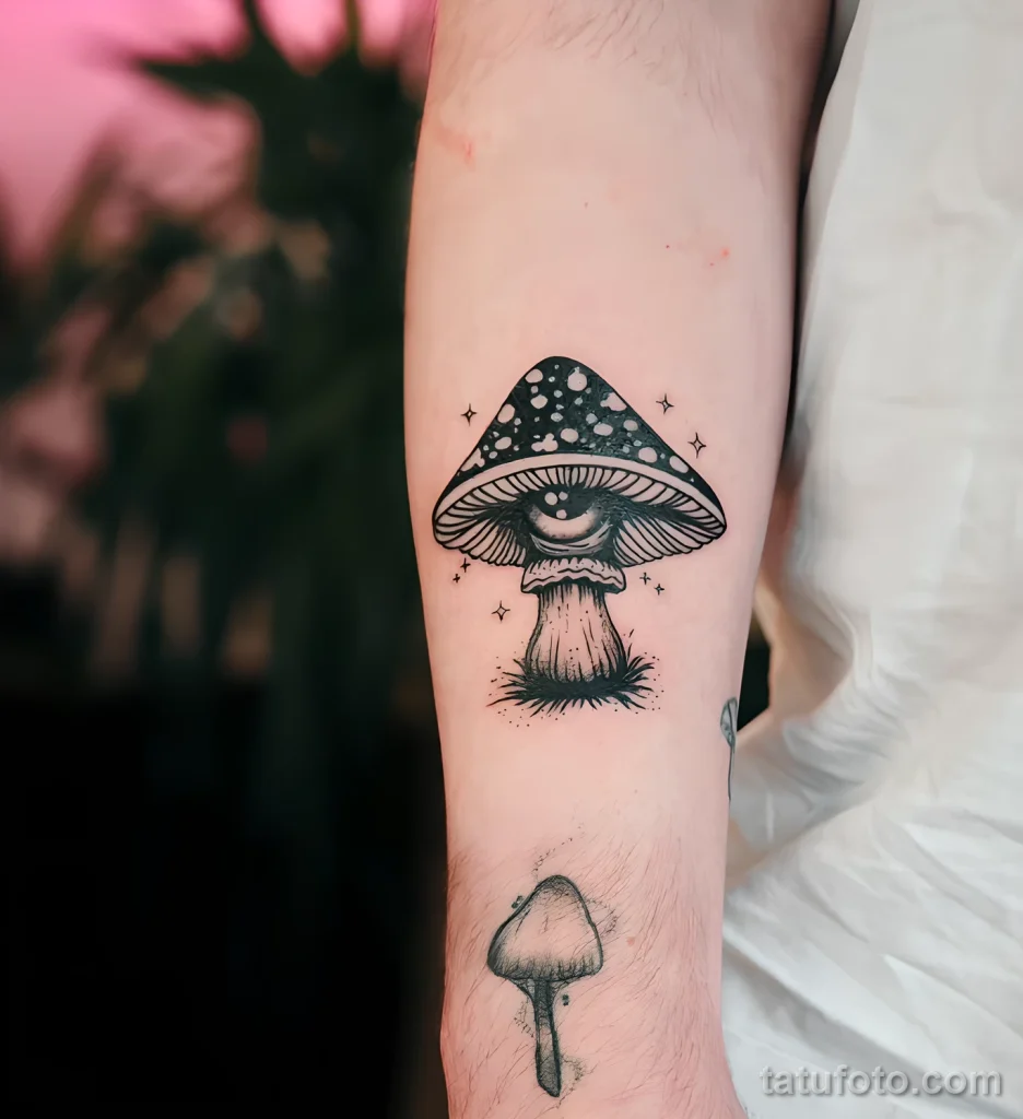 Пример рисунка татуировки с мухомором грибом 2025 №10 - tatufoto.com
