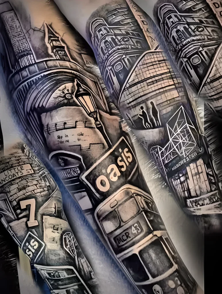 Тату-рукав на ноге в честь Манчестера 2025 №02 - tatufoto.com