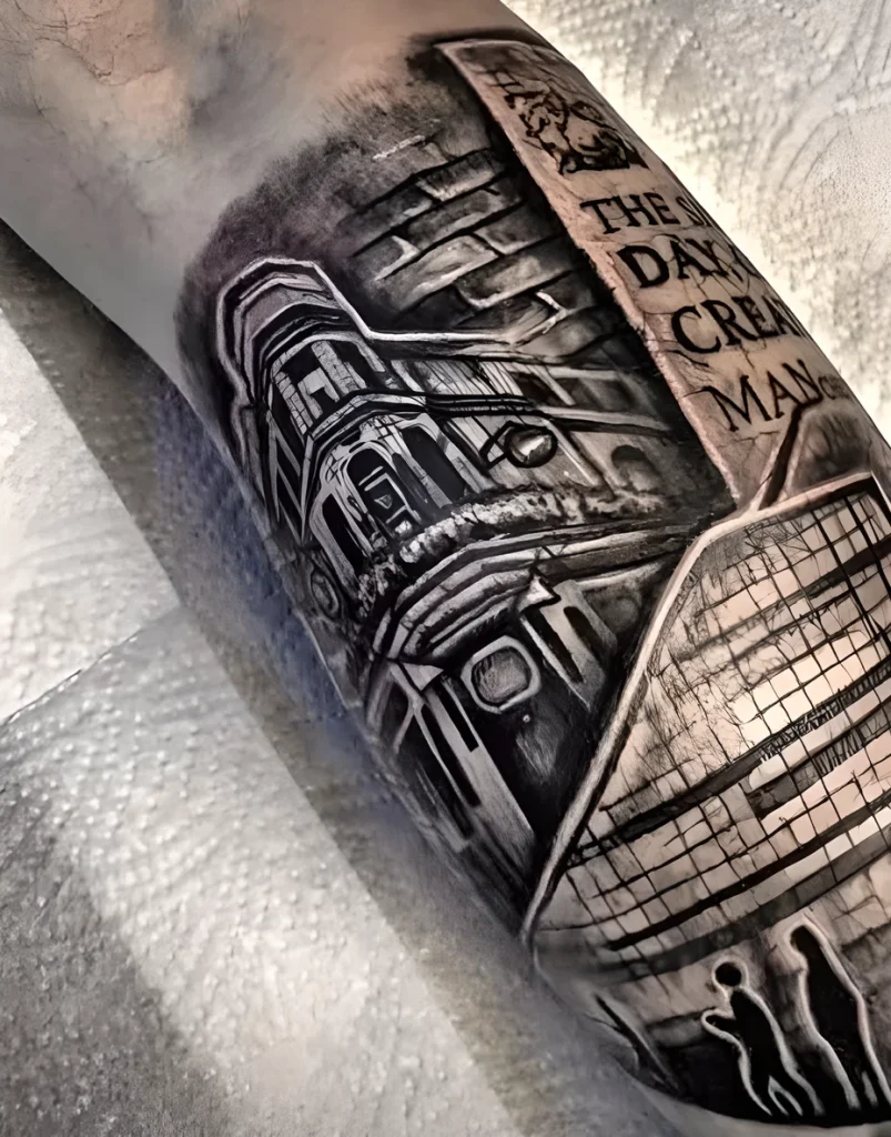 Тату-рукав на ноге в честь Манчестера 2025 №07 - tatufoto.com