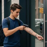 Фото татуировки в виде QR-кода на руке молодого человека, используемой для открытия двери умного дома.