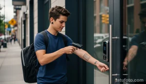 Фото татуировки в виде QR-кода на руке молодого человека, используемой для открытия двери умного дома.