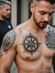 Фото тату: детализированный компас на груди и плечах мужчины. Черно-белый рисунок татуировки с геометрическими элементами.