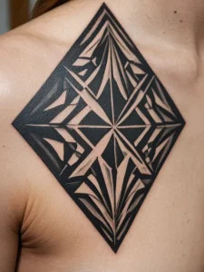 Фото тату на спине: крупный геометрический ромб, выполненный в технике blackwork, с использованием четких линий и контрастных теней. Стильный и минималистичный дизайн.