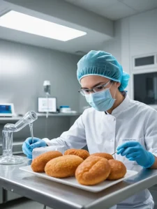 Фотография ученого в защитной одежде, работающего с образцами в современной лаборатории. Акцент на точности и стерильности.