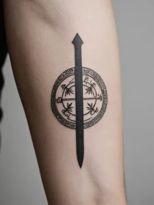 Фото тату: черный скандинавский компас (Vegvísir) с вертикальной стрелкой на руке. Детализированный рисунок татуировки в традиционном стиле.